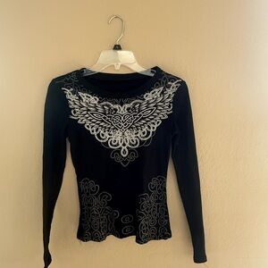 Black Long-Sleeve Top with Silver Celtic Wing Detail